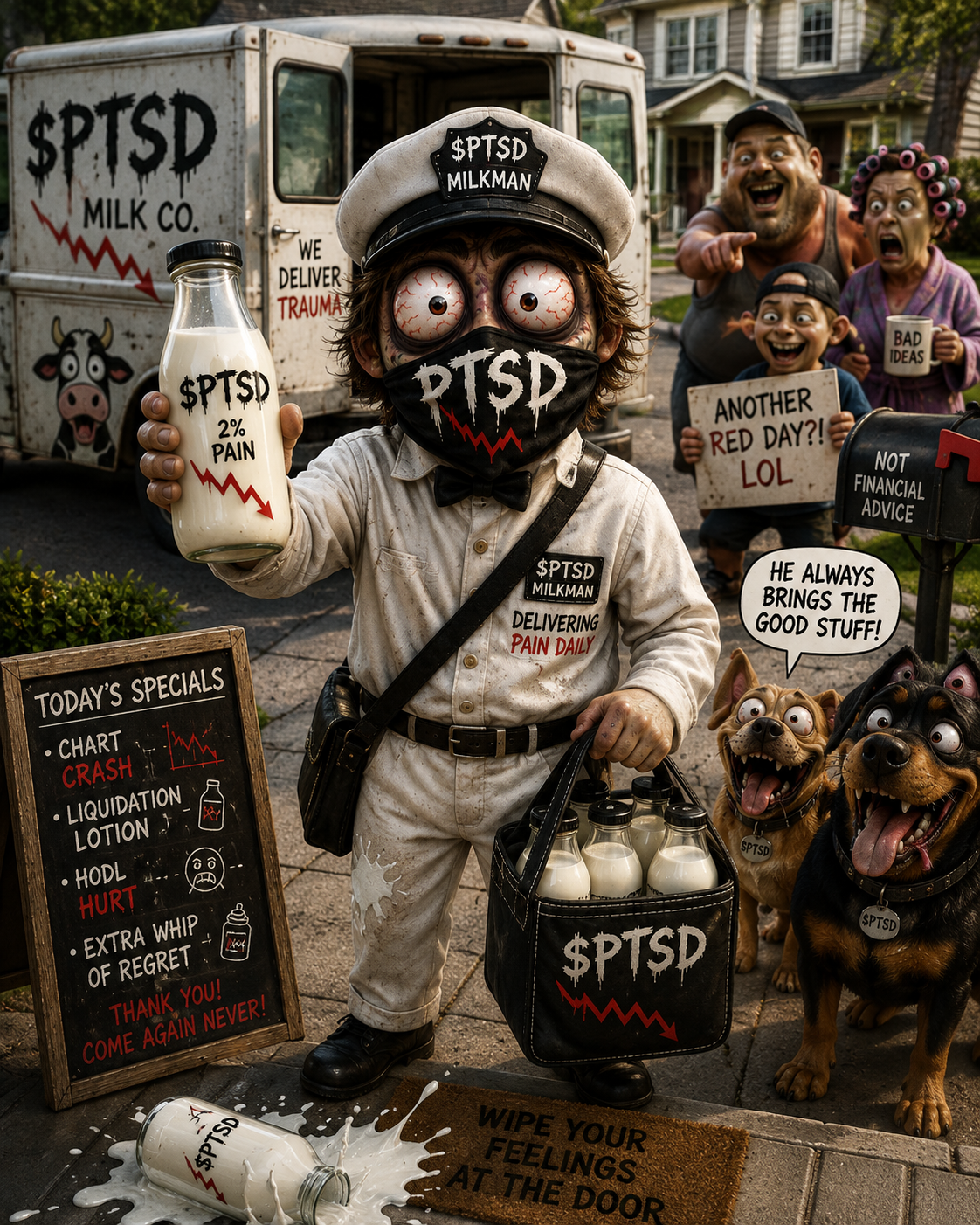 Official black-hoodie PTSD mascot with giant bloodshot eye