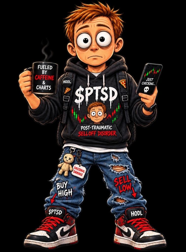 THAD, the orange-haired exhausted crypto trader in a black PTSD hoodie, ripped jeans, and red sneakers